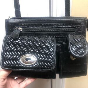 Coldwater Creek black leather woven style handbag lots of storage vintage Y2K